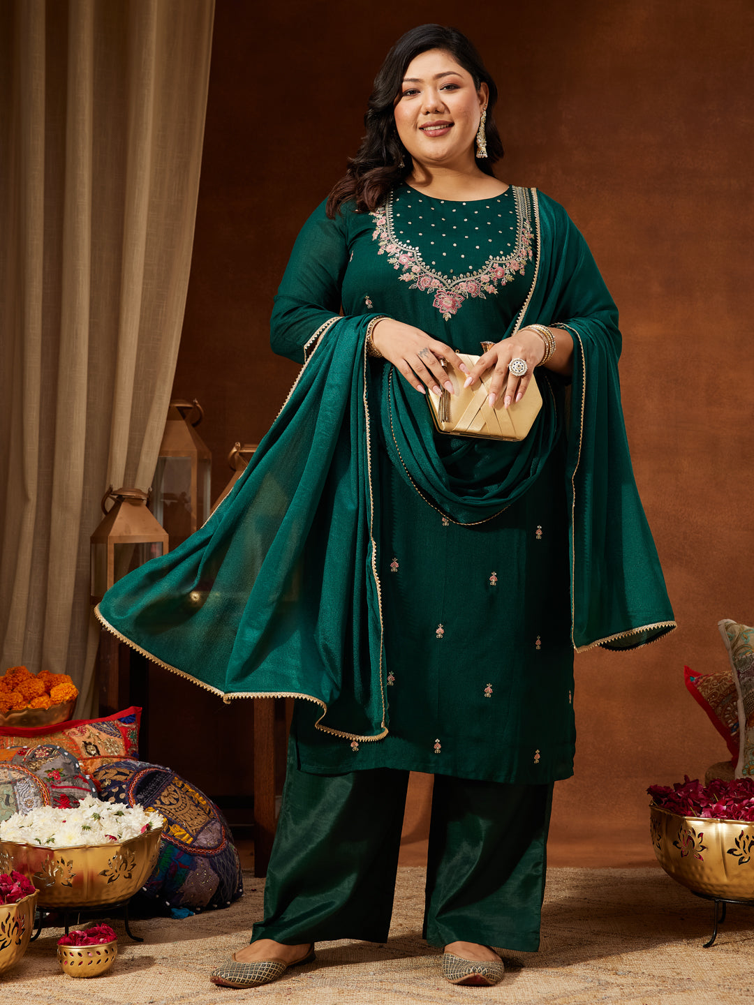 Janasya Women's Plus Size Bottle Green Silk Blend Zari Embroidered Straight Kurta Set - qivii