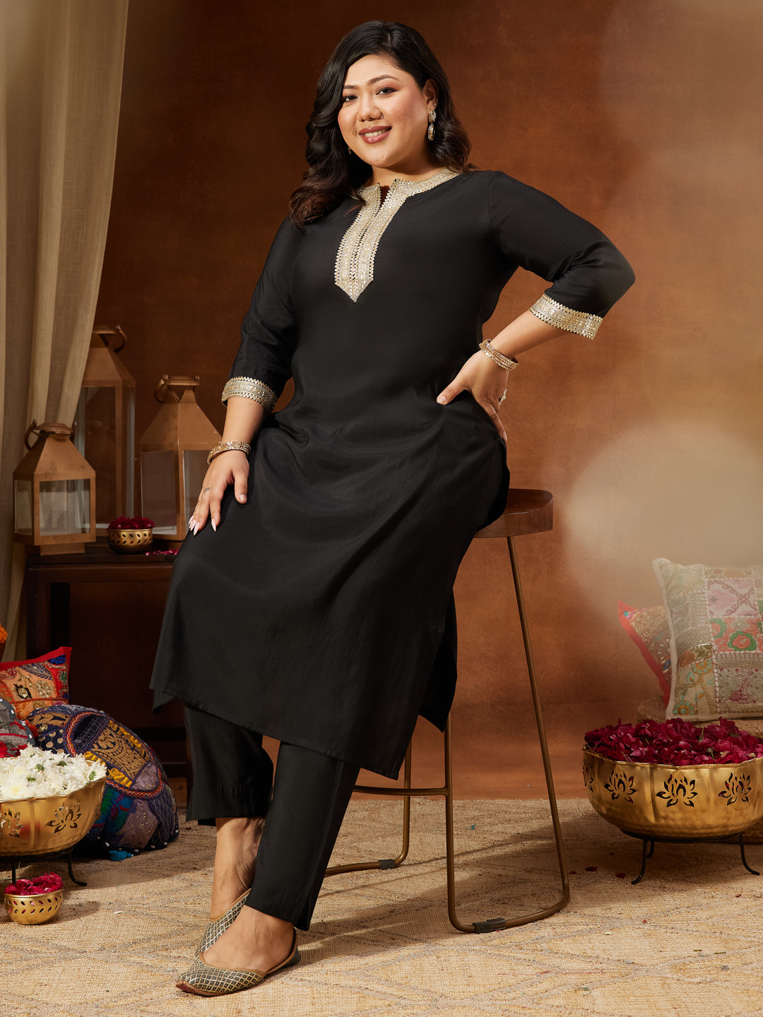 Janasya Women's Plus Size Black Chanderi Silk Embellished Yoke Design Straight Kurta Pant Set