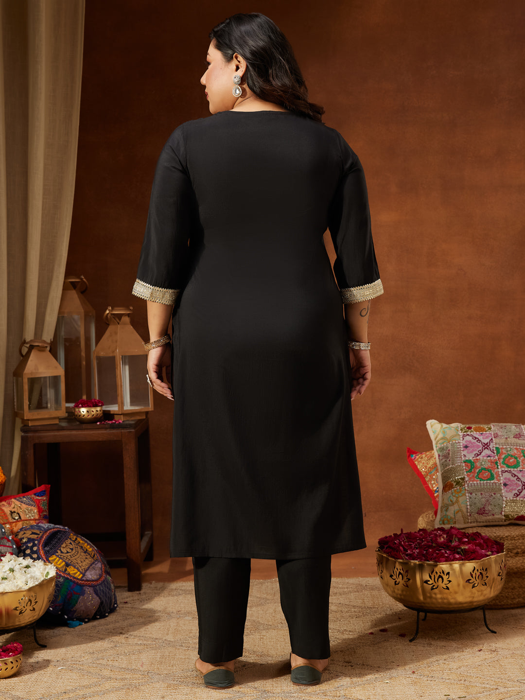 Janasya Women's Plus Size Black Chanderi Silk Embellished Yoke Design Straight Kurta Pant Set