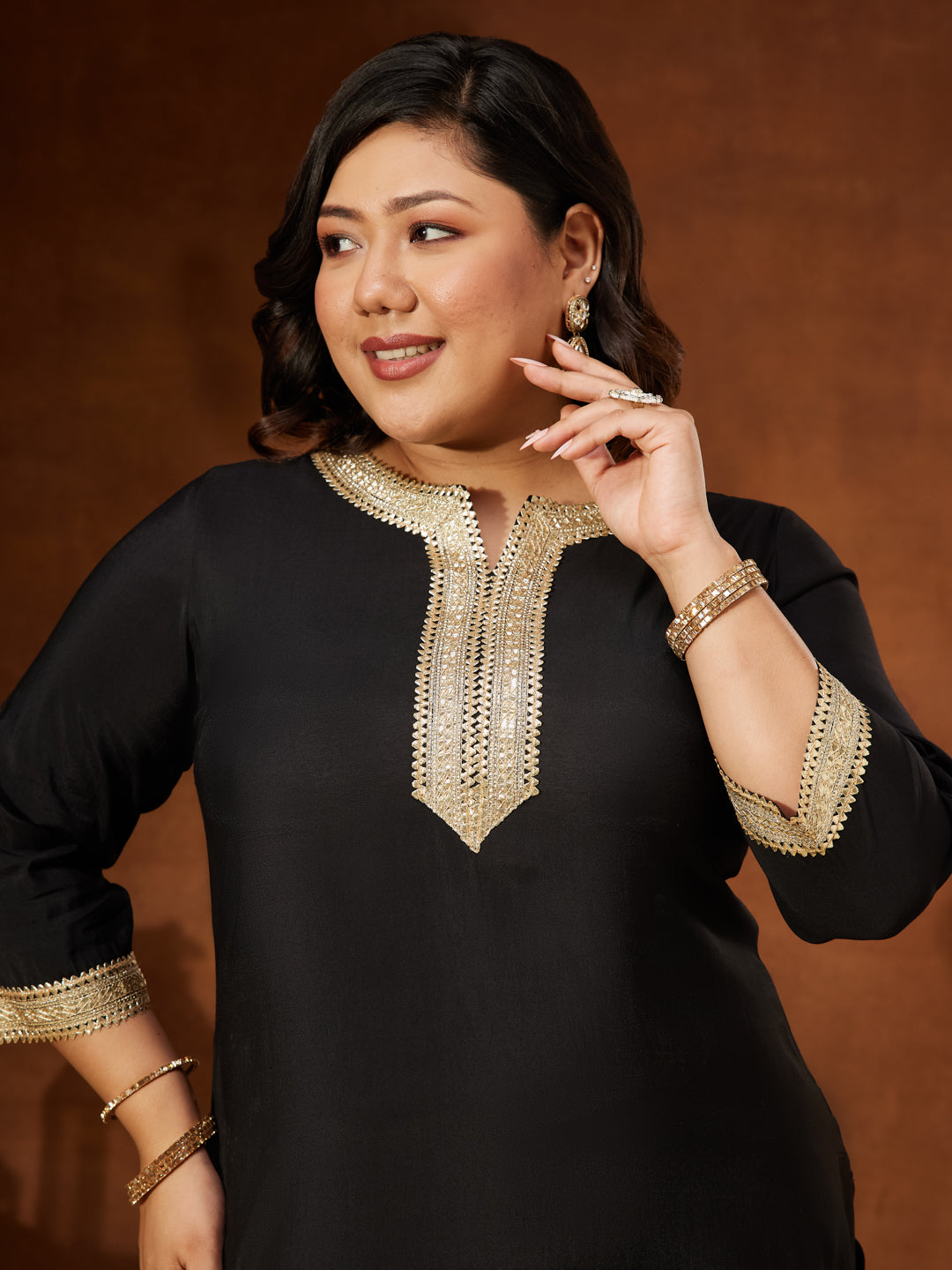 Janasya Women's Plus Size Black Chanderi Silk Embellished Yoke Design Straight Kurta Pant Set