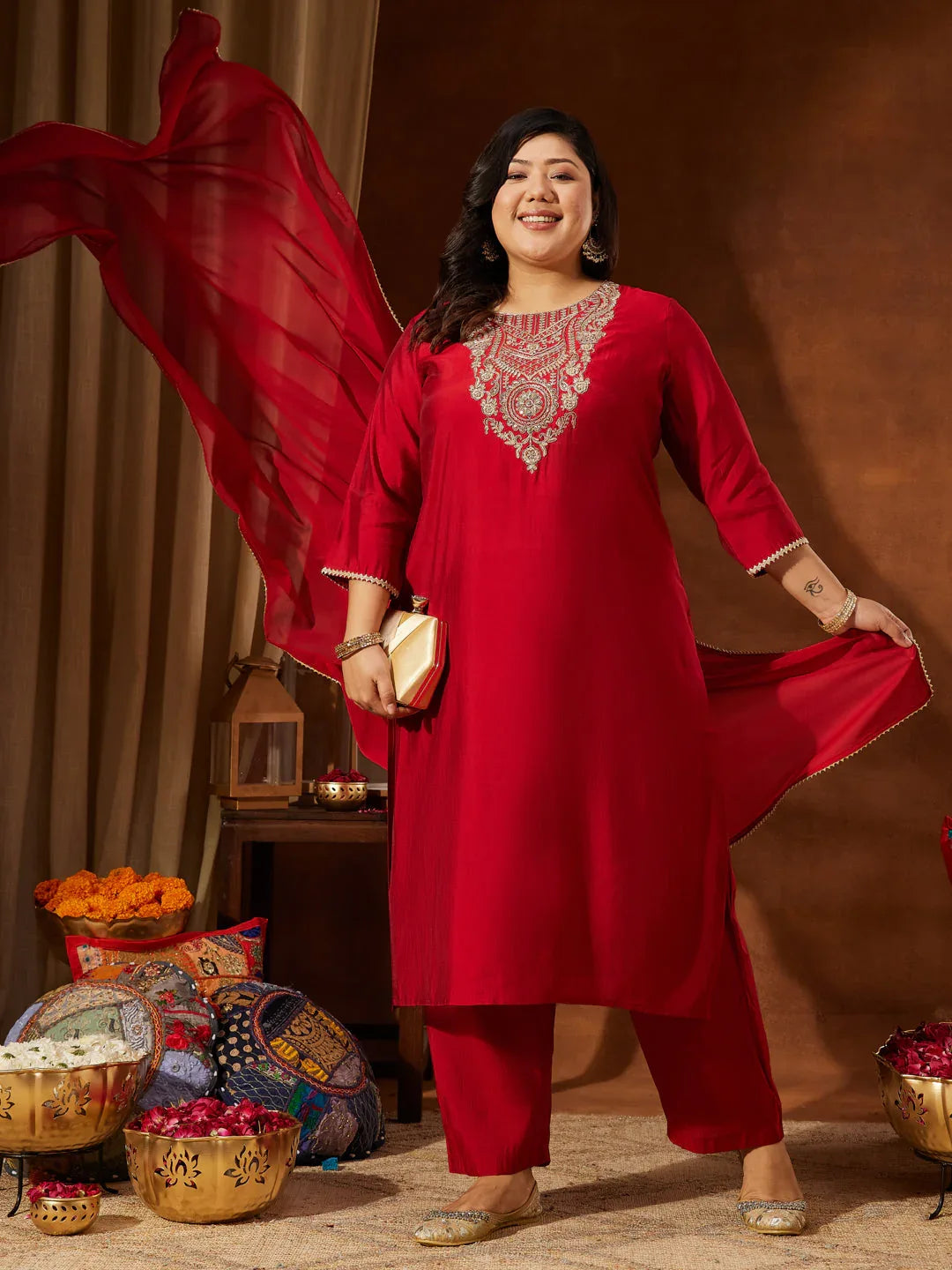 Janasya Women's Plus Size Maroon Chanderi Silk Yoke Embroidered Straight Kurta Set
