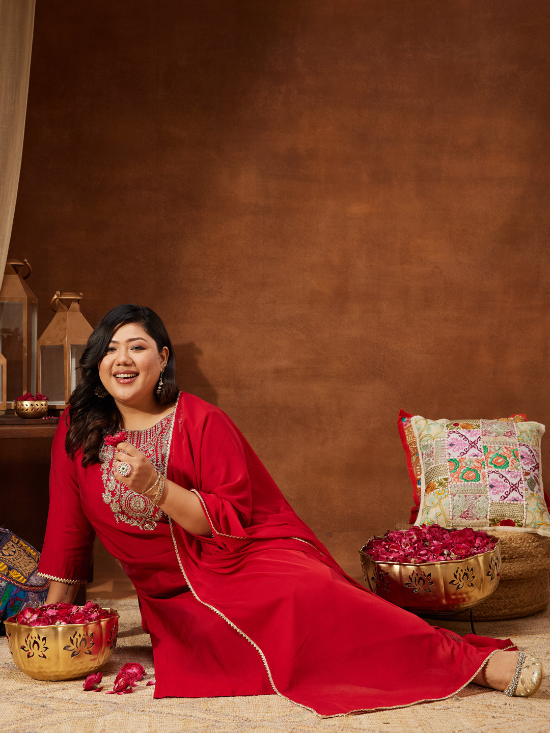 Janasya Women's Plus Size Maroon Chanderi Silk Yoke Embroidered Straight Kurta Set - qivii