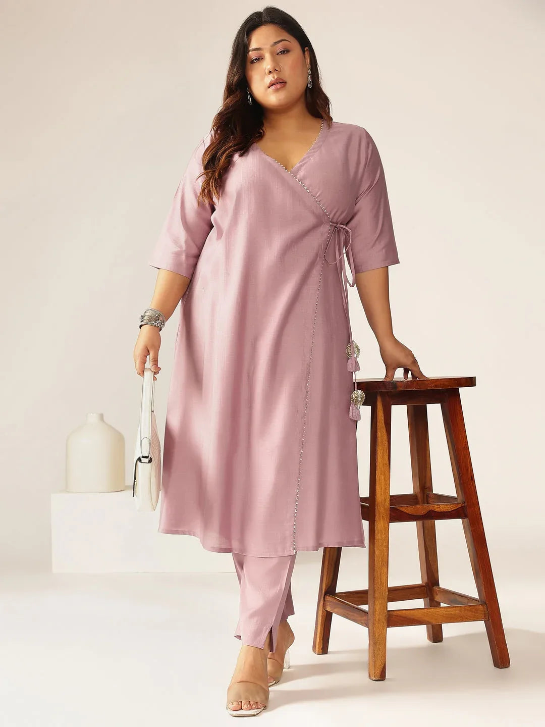 Plus Size Lavender Silk Blend Solid Angrakha Kurta Set