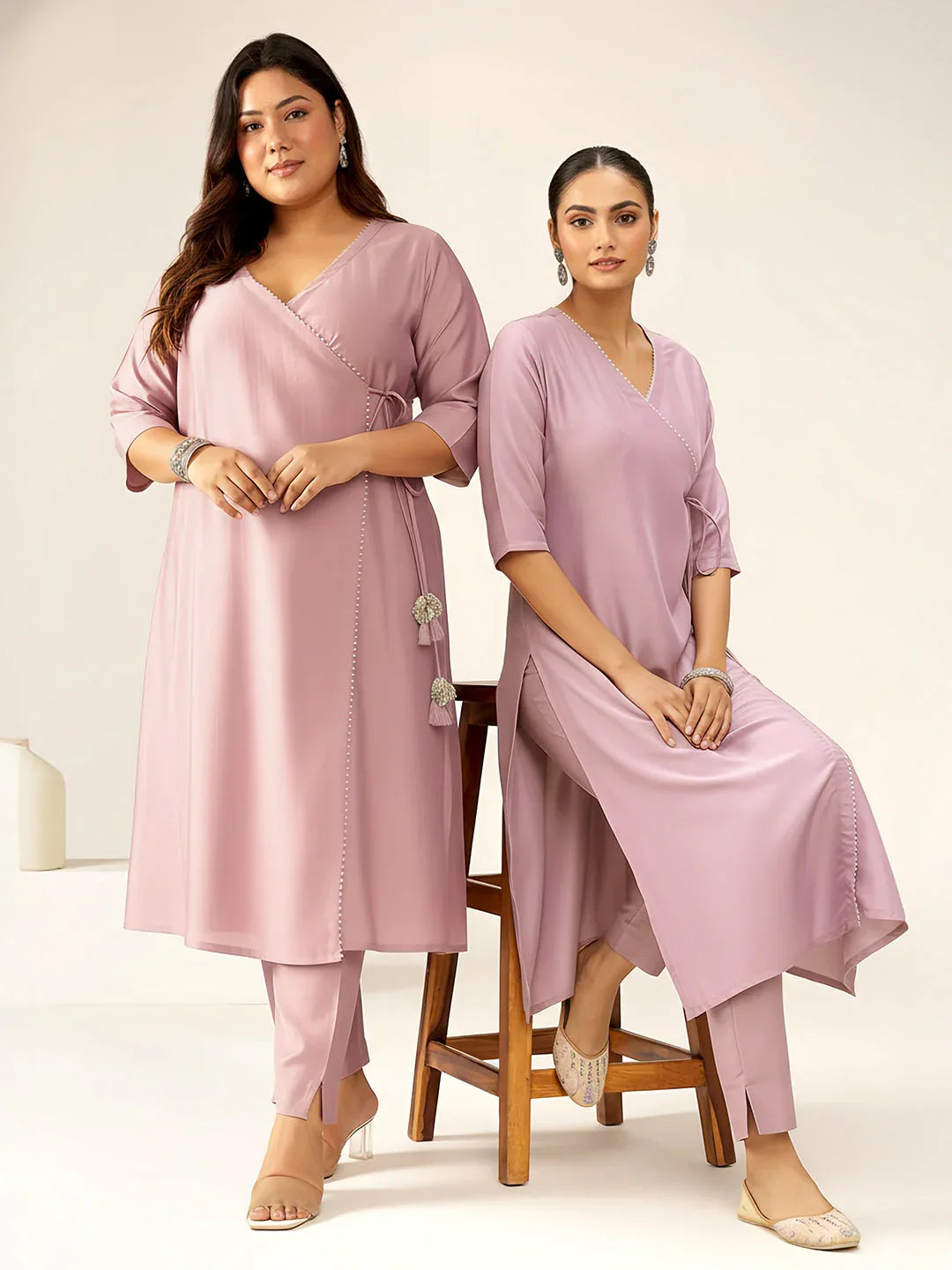 Lavender Silk Blend Solid Angrakha Kurta Set