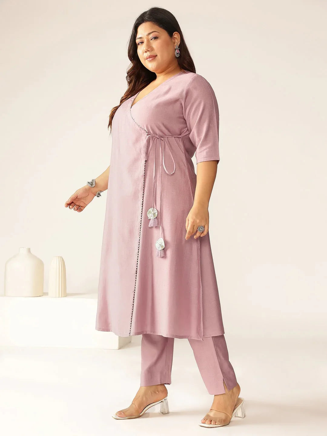 Plus Size Lavender Silk Blend Solid Angrakha Kurta Set