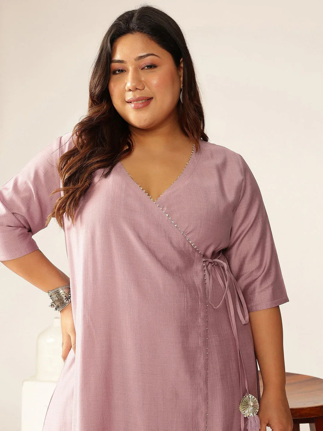 Plus Size Lavender Silk Blend Solid Angrakha Kurta Set