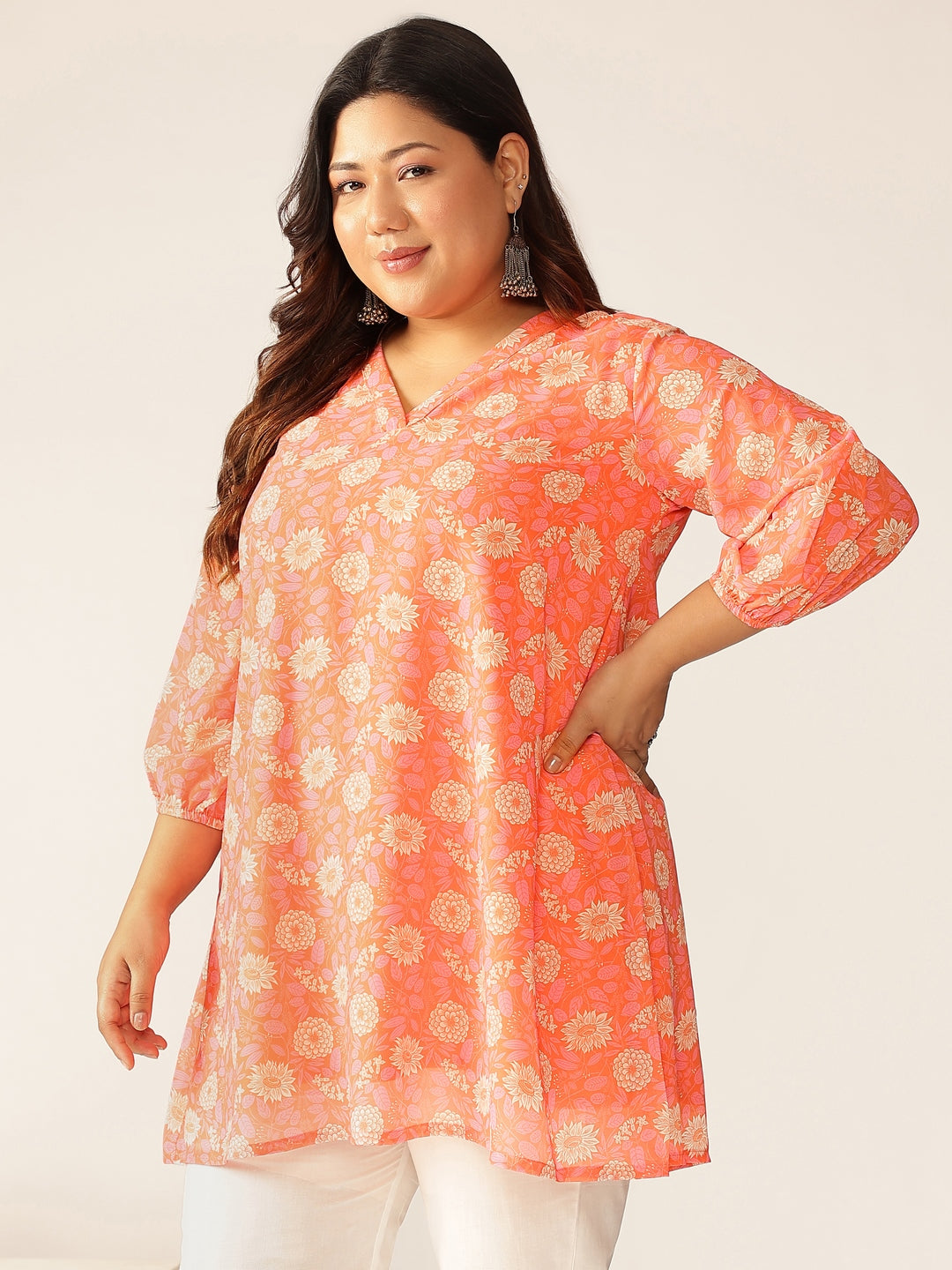 Plus Size Peach Georgette Floral Printed A-line Tunic - qivii