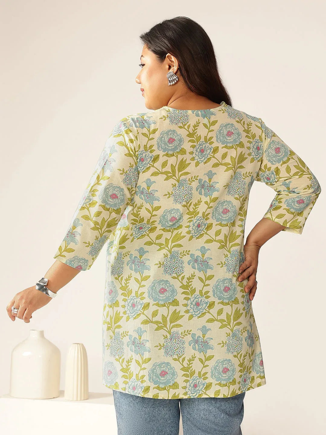 Plus Size Off White Pure Cotton Floral Printed A-line Tunic