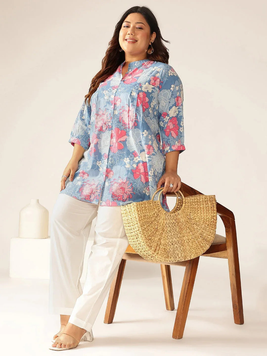 Plus Size Blue Pure Cotton Floral Printed A-line Tunic