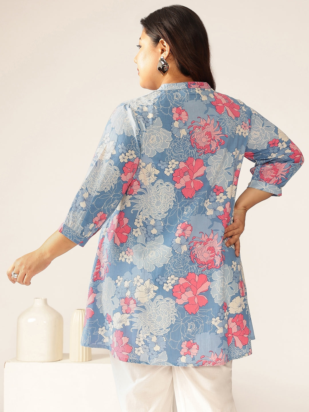 Plus Size Blue Pure Cotton Floral Printed A-line Tunic - qivii