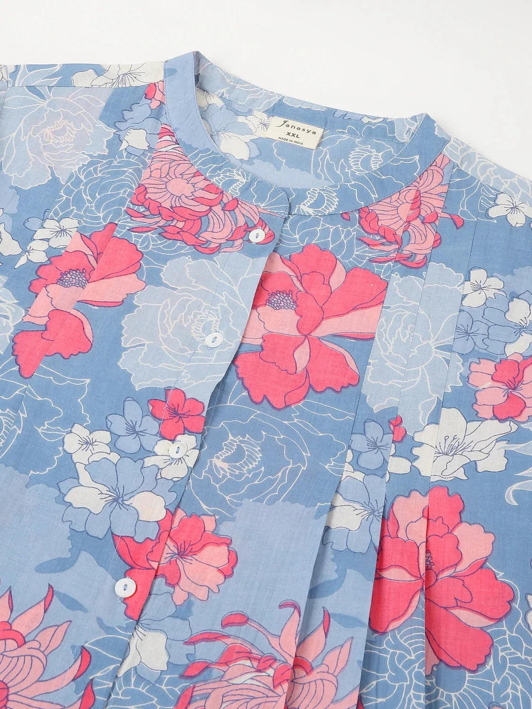 Plus Size Blue Pure Cotton Floral Printed A-line Tunic