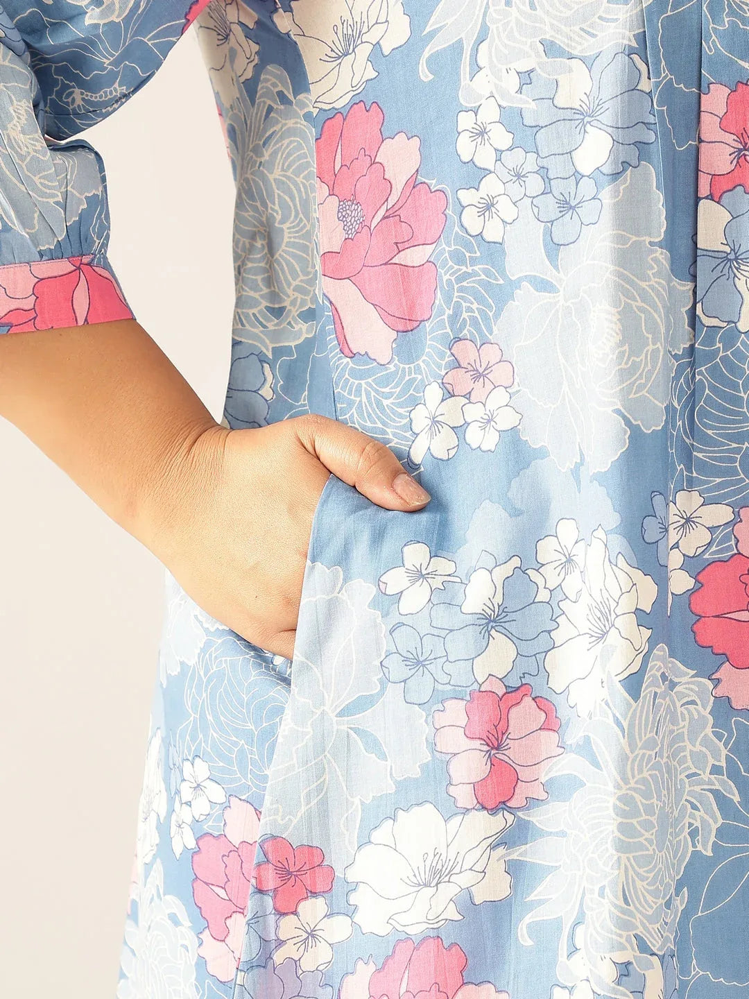 Plus Size Blue Pure Cotton Floral Printed A-line Tunic