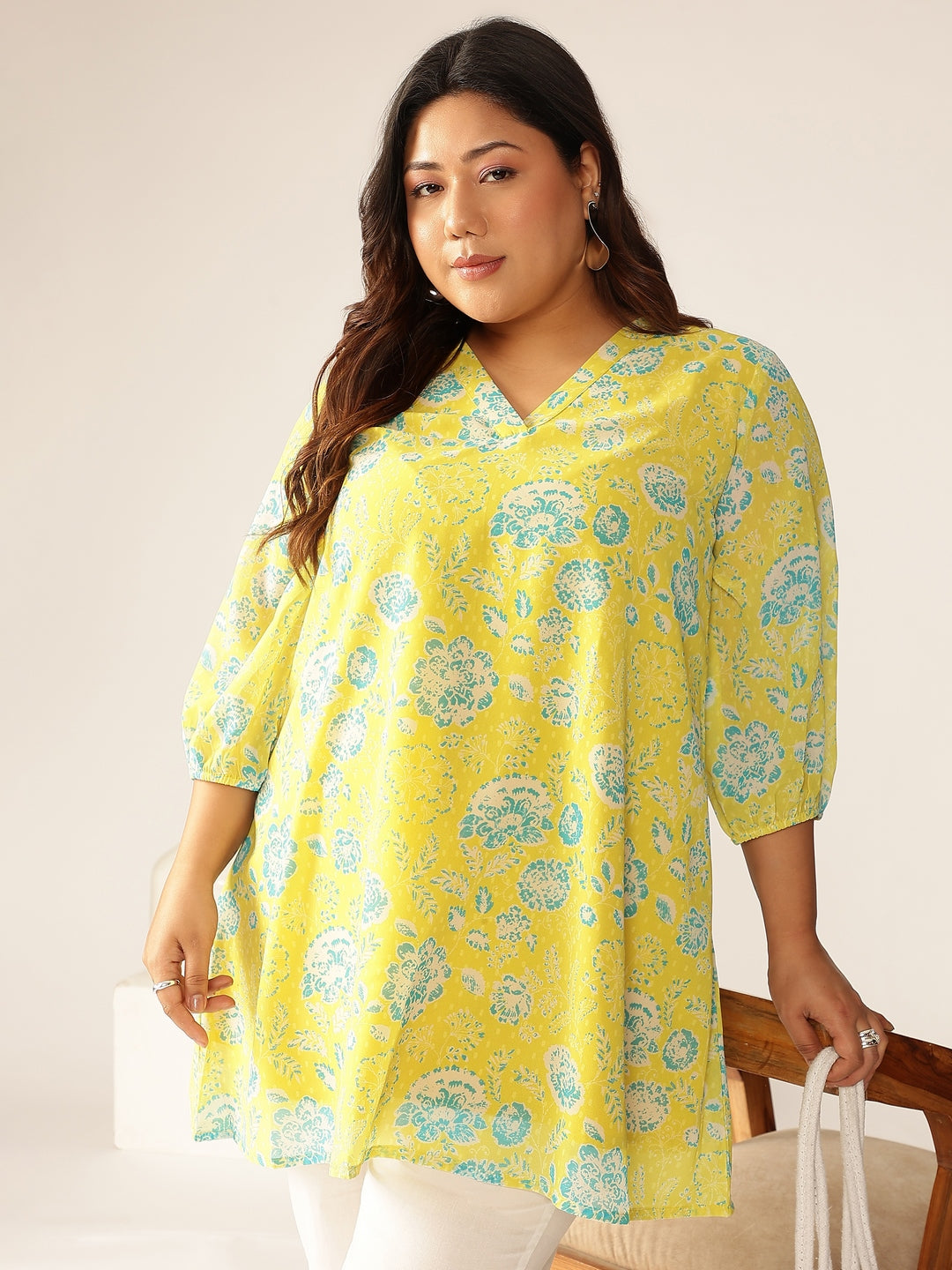 Plus Size Lime Yellow Georgette Floral Printed A-line Tunic - qivii