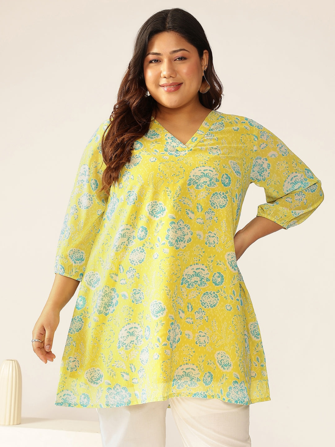 Plus Size Lime Yellow Georgette Floral Printed A-line Tunic - qivii