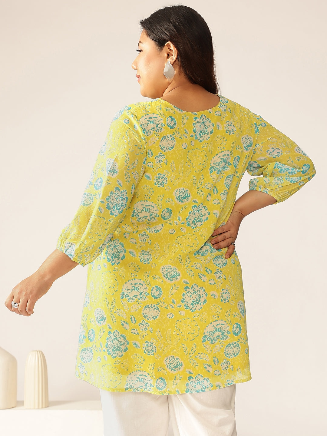 Plus Size Lime Yellow Georgette Floral Printed A-line Tunic - qivii
