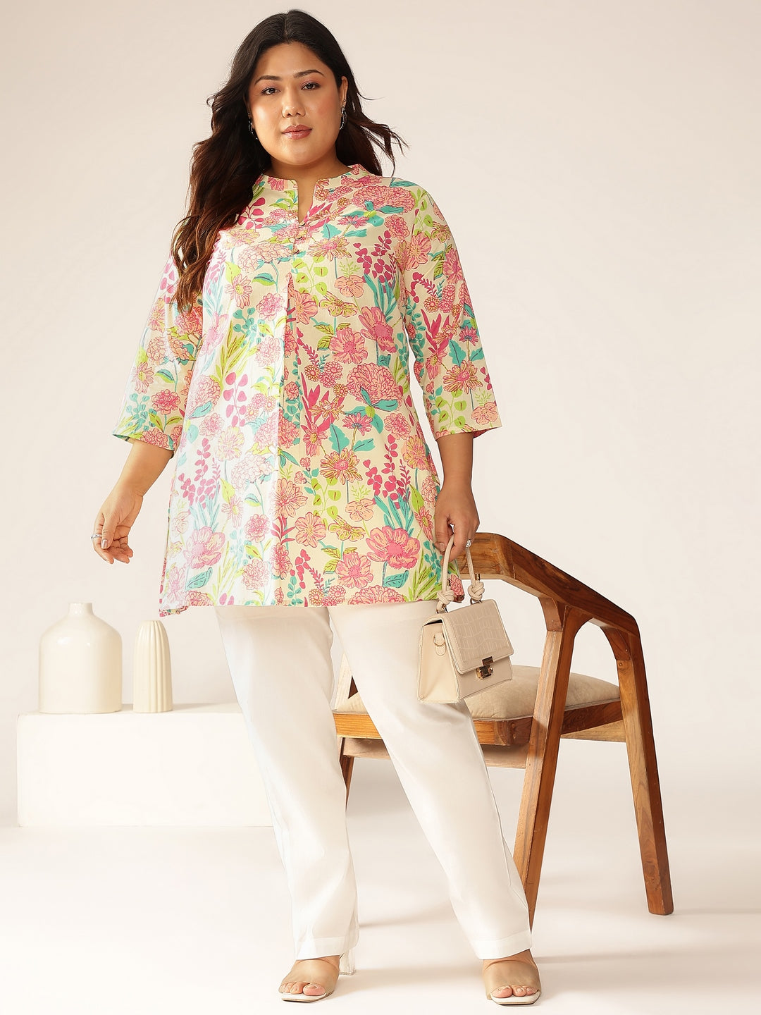 Plus Size Cream Pure Cotton Floral Printed A-line Tunic - qivii