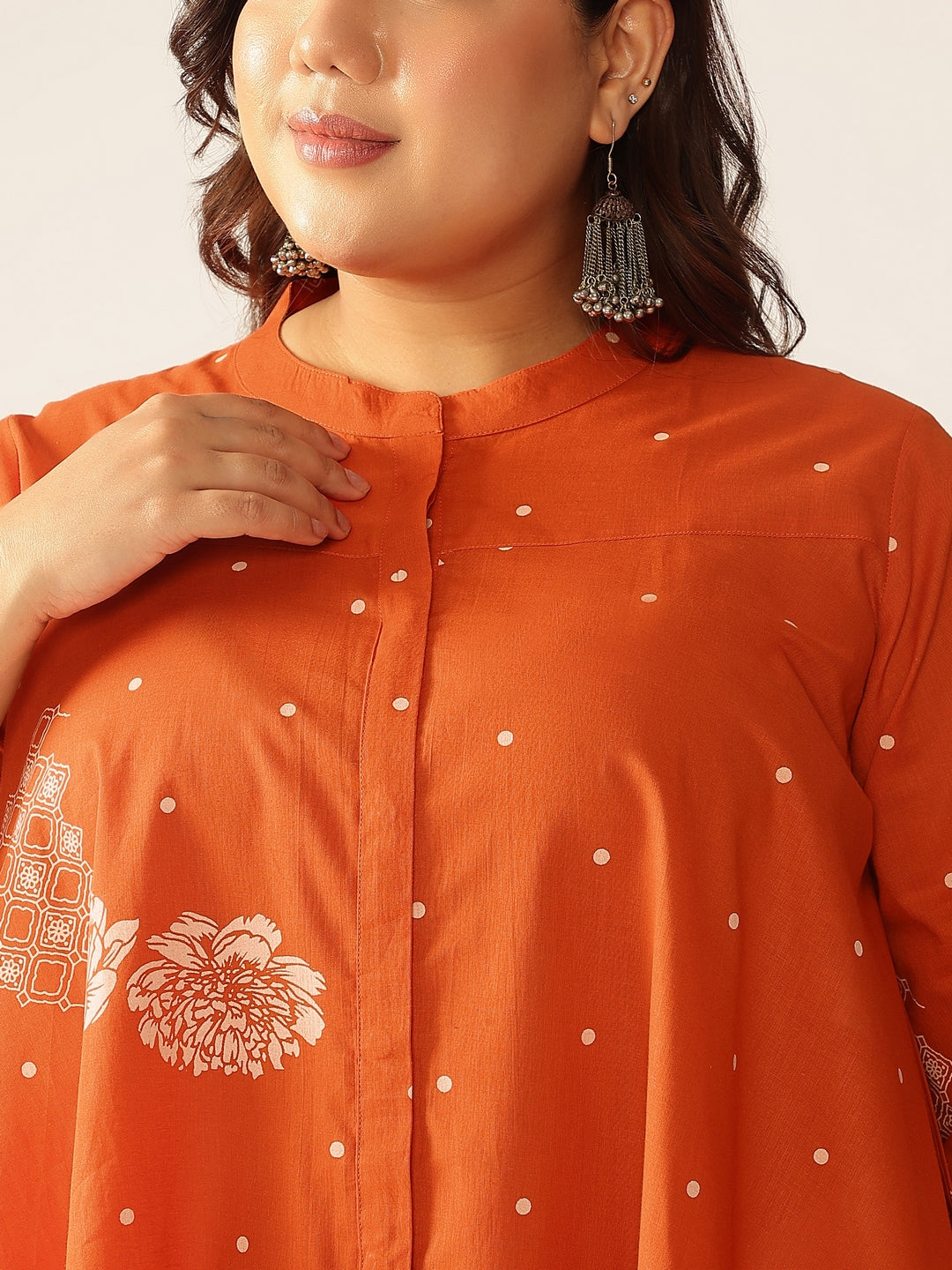 Plus Size Orange Pure Cotton Floral Printed A-line Tunic - qivii