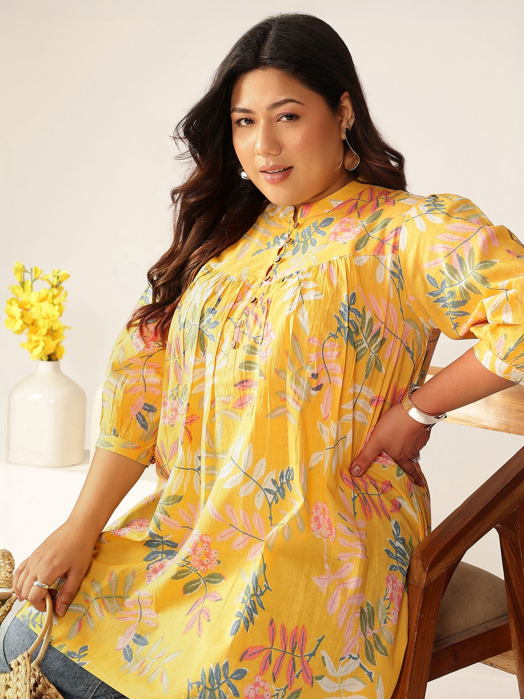 Plus Size Yellow Pure Cotton Tropical Printed A-line Tunic - qivii