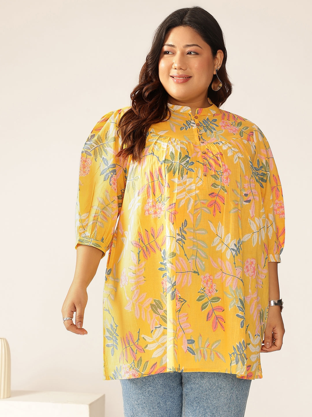 Plus Size Yellow Pure Cotton Tropical Printed A-line Tunic - qivii