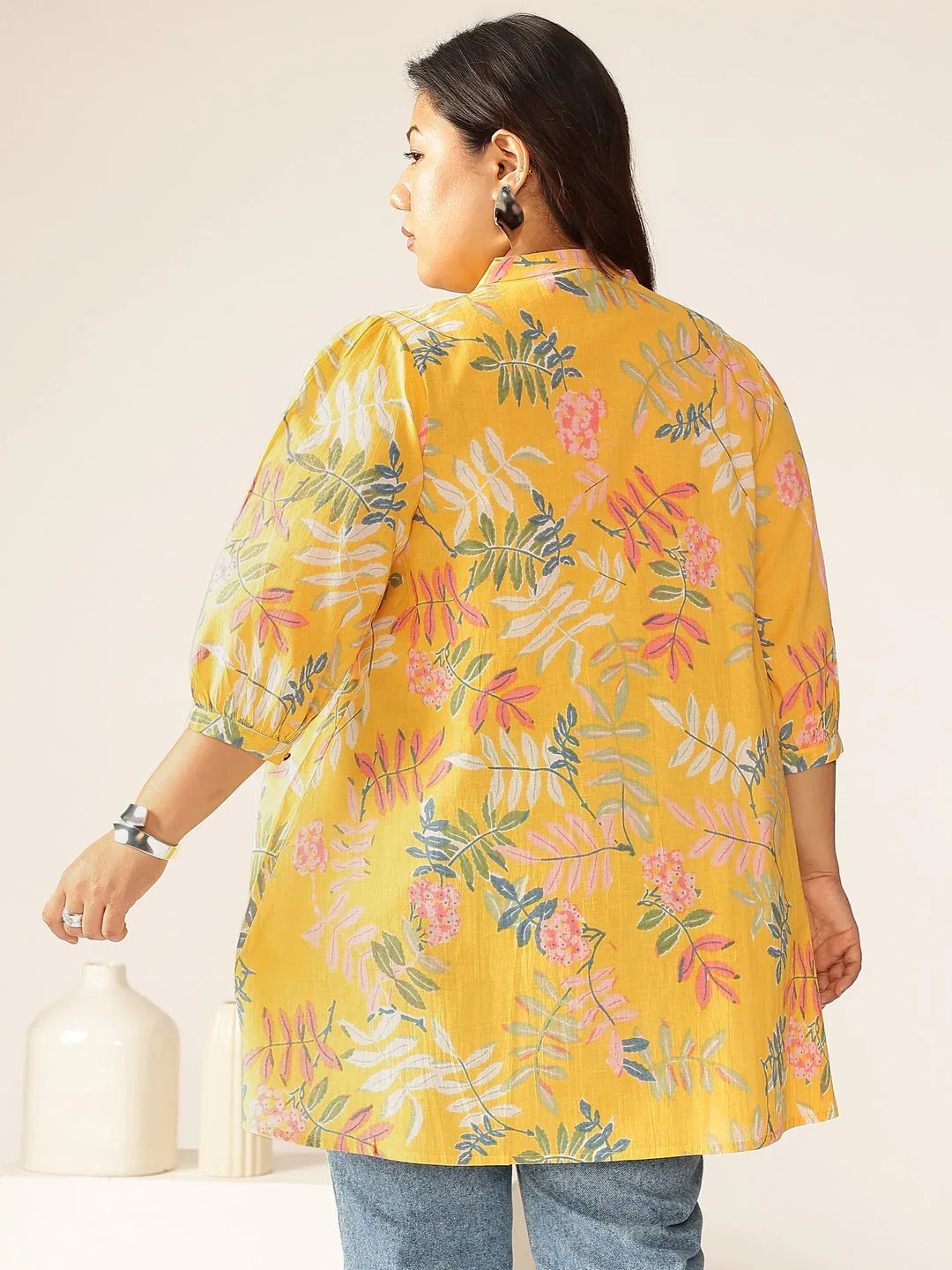 Plus Size Yellow Pure Cotton Tropical Printed A-line Tunic
