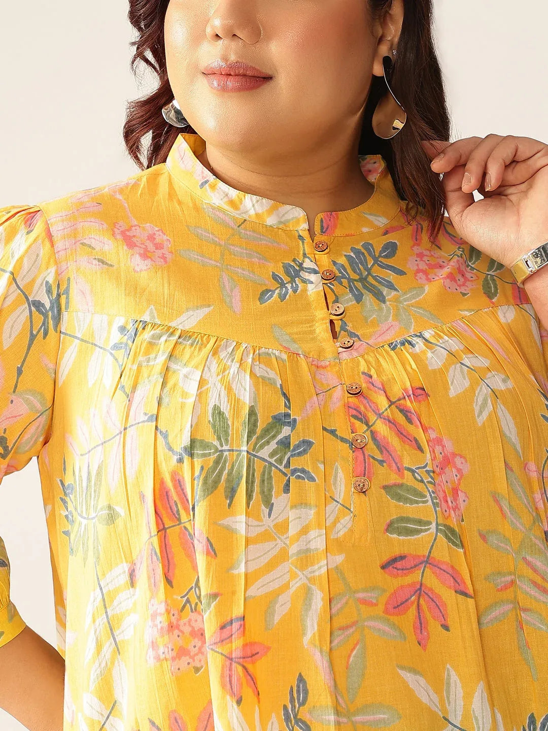 Plus Size Yellow Pure Cotton Tropical Printed A-line Tunic