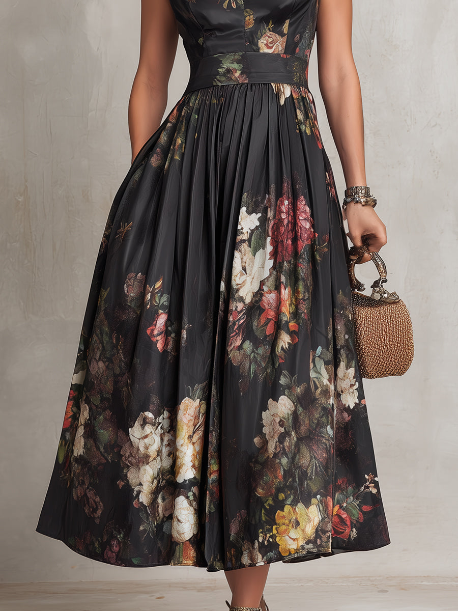 Violetta | Black Midi Dress in Pleated Satin with Floral Pattern and Keyhole Neckline by Qivii