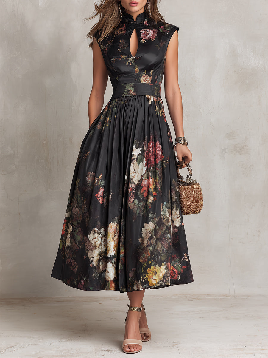 Violetta | Black Midi Dress in Pleated Satin with Floral Pattern and Keyhole Neckline by Qivii