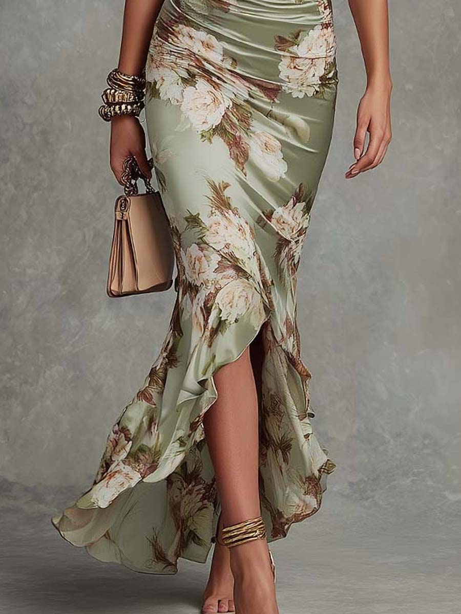 Anna | Asymmetrical long dress in green satin with V-neck, flared puff sleeves, and floral pattern by Qivii