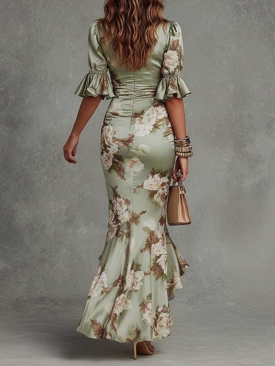 Anna | Asymmetrical long dress in green satin with V-neck, flared puff sleeves, and floral pattern by Qivii