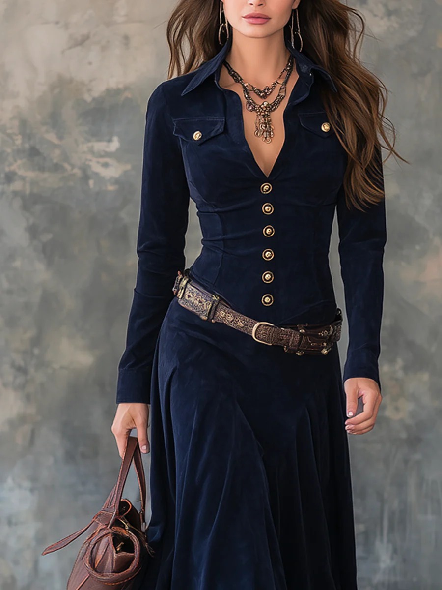 Diana | Lange suède jurk met knopen - By Qivii