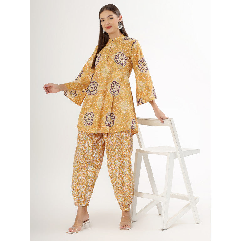 Mustard Floral Print Long Sleeve Kurta Set - qivii