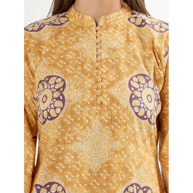 Mustard Floral Print Long Sleeve Kurta Set - qivii