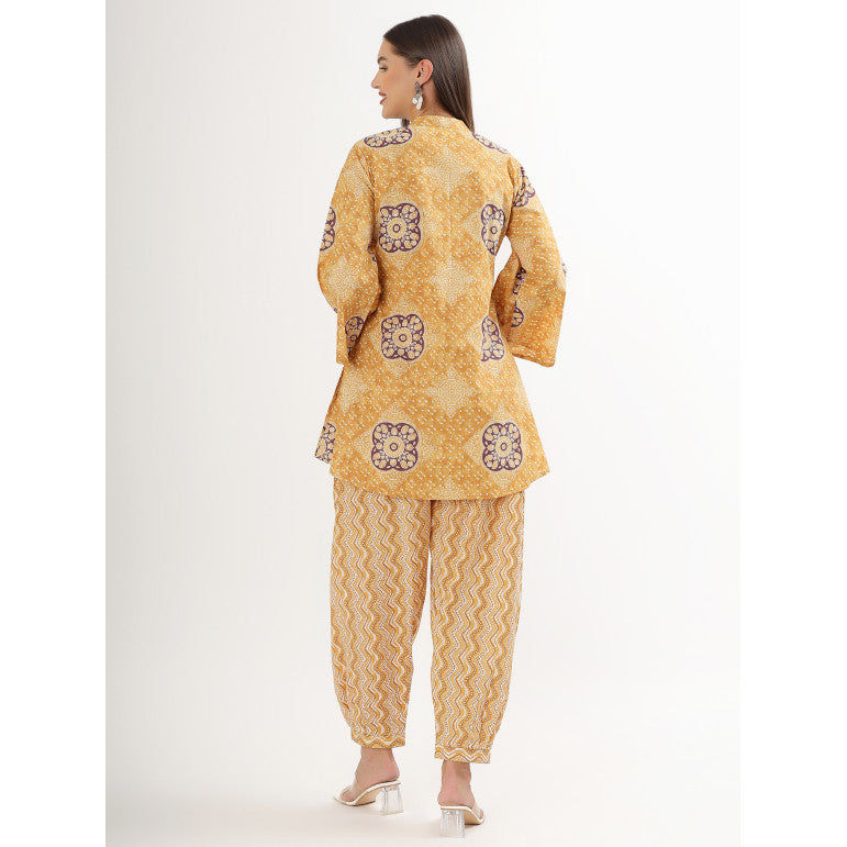 Mustard Floral Print Long Sleeve Kurta Set - qivii
