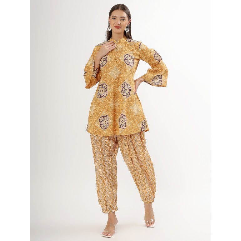 Mustard Floral Print Long Sleeve Kurta Set - qivii