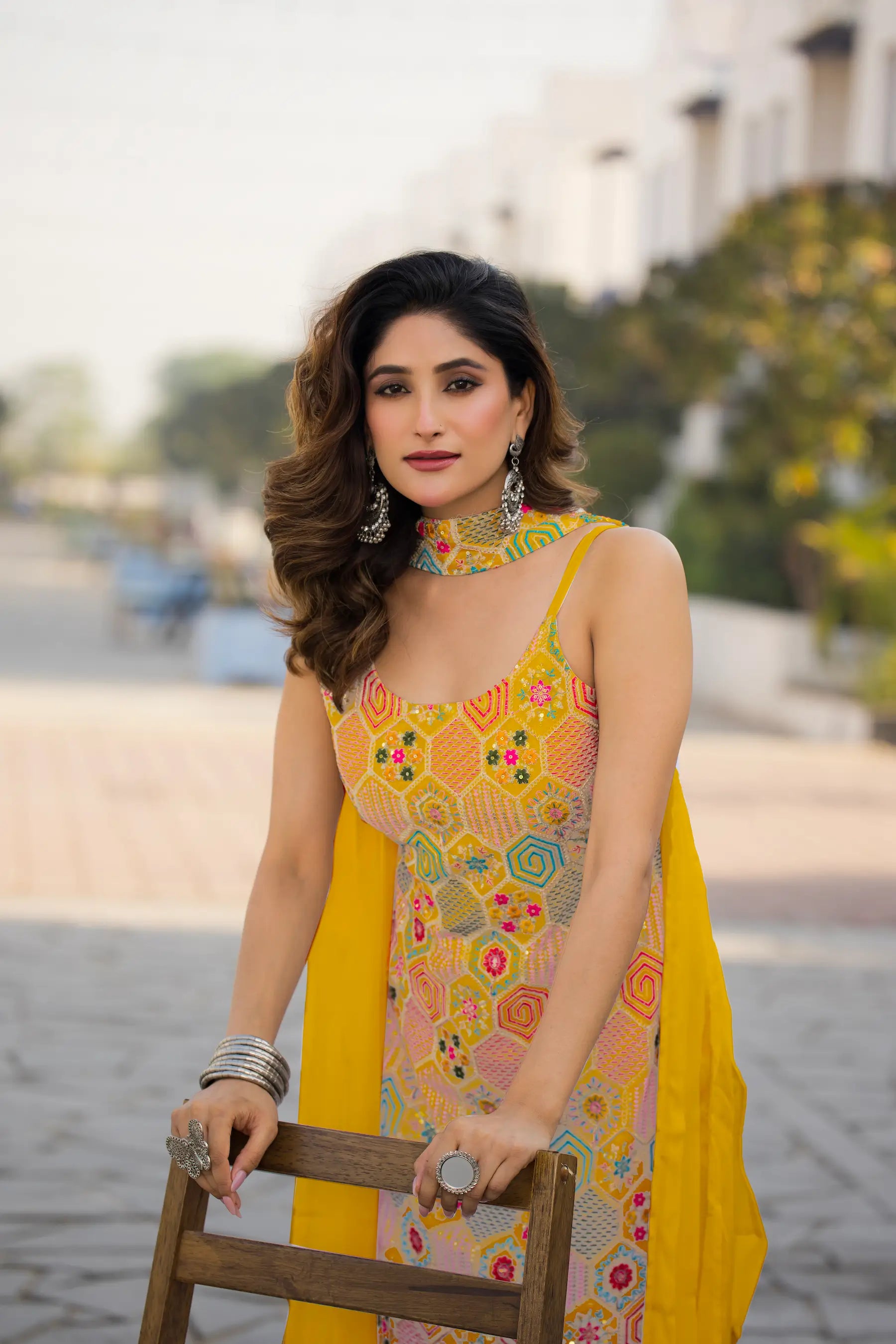 Yellow Chinon Sequence Embroidery Work Salwar Suit - qivii