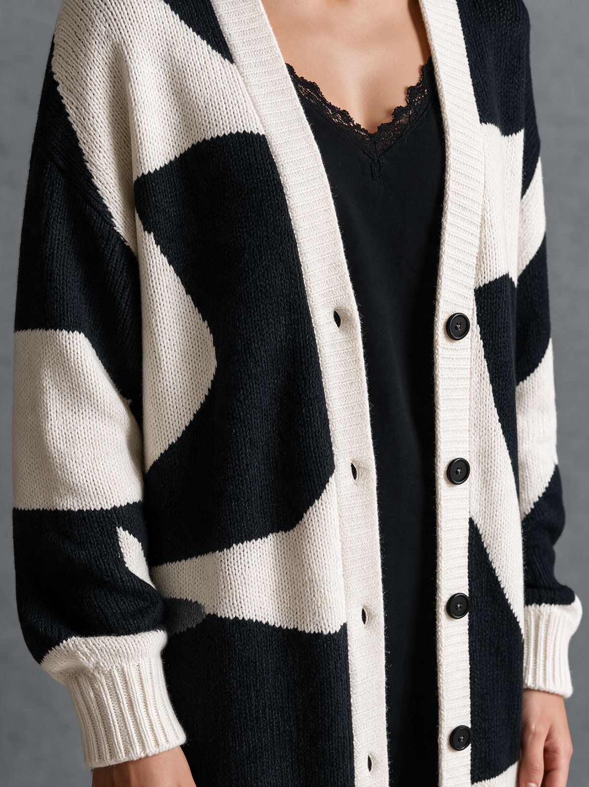 Women's Minimalist Color-Block Jacquard Single-Breasted Long Cardigan MDZ0422H8WY