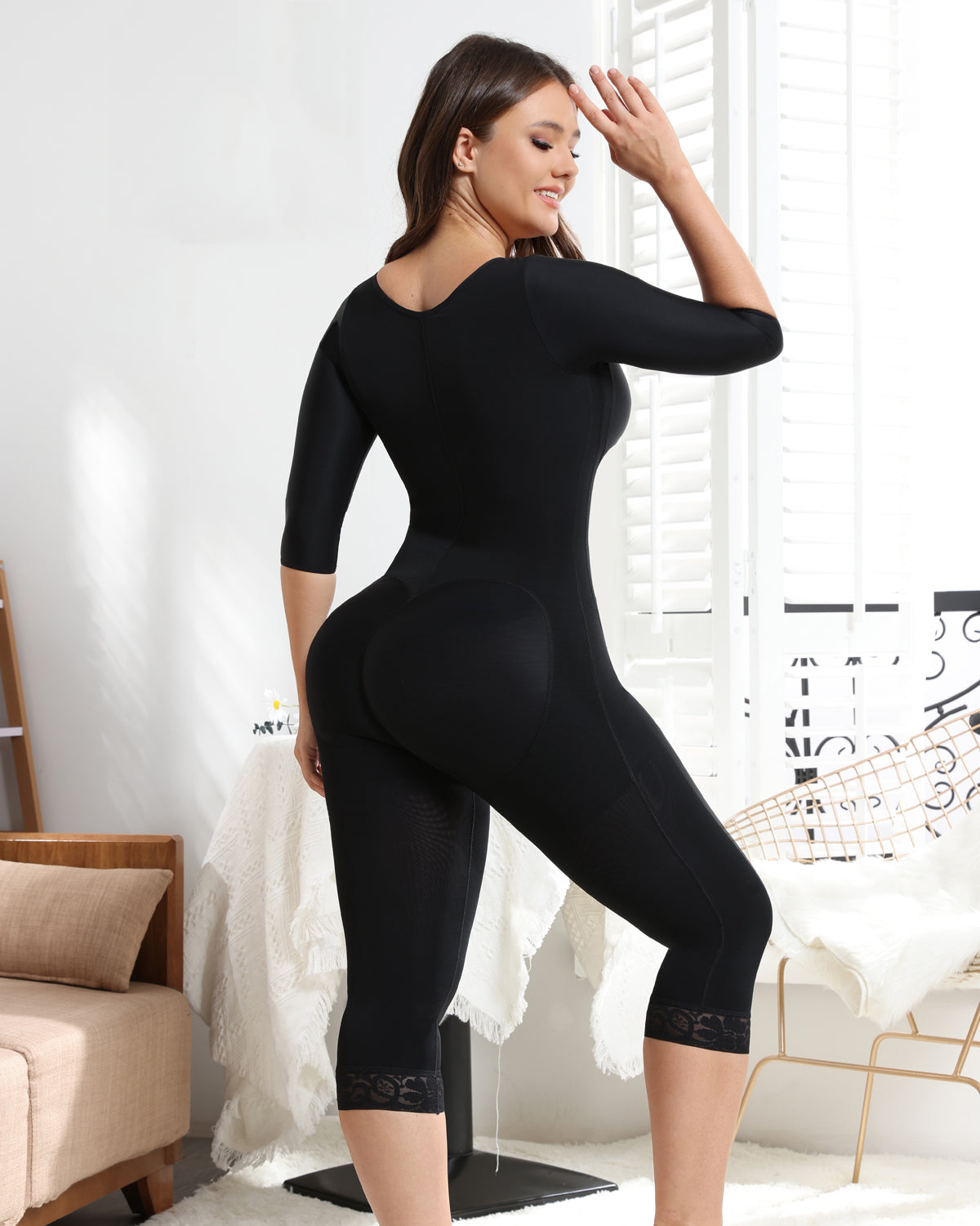 Shapshe® Black Women's Mid-sleeveJumpsuit with Tummy Control Butt Lift Shapewear - By Qivii