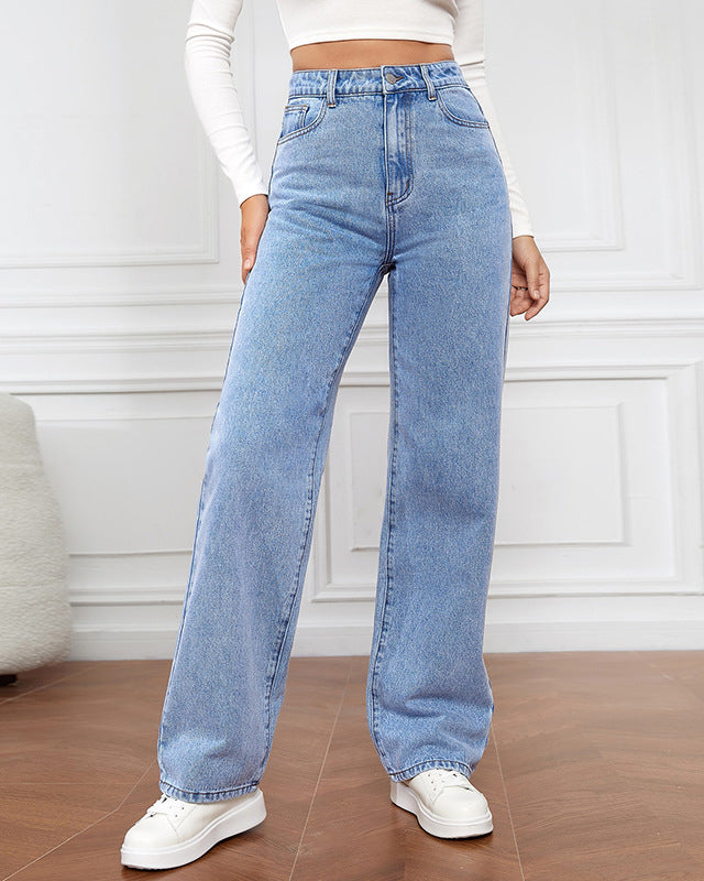 Women's High Waist Zipper Fly Straight Leg Jeans - By Qivii