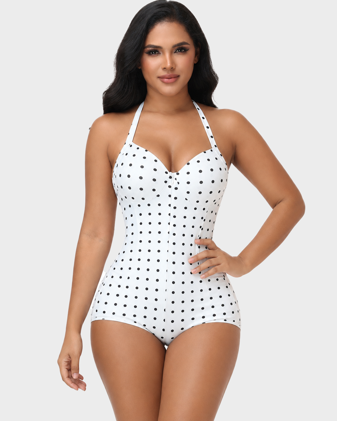 Polka Dot Halter Lace Up Back Zipper Bodysuit