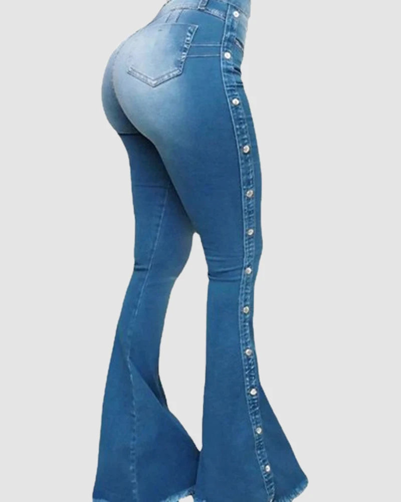 Women's Zipper Fly Side Buttons Vintage Mopping Flared Jeans - By Qivii