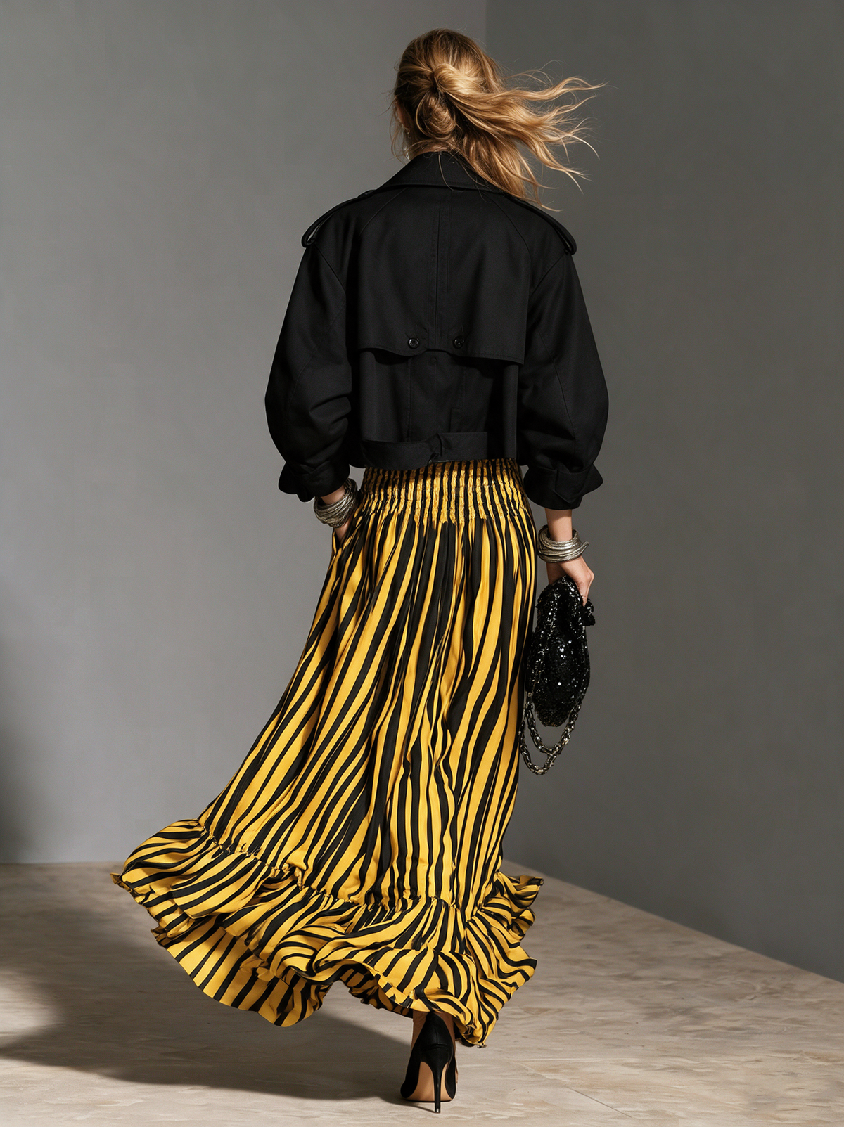 Women's Casual Black Cropped Woven Trench Coat