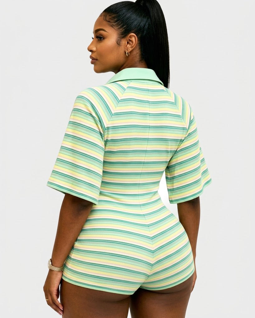 Striped Ribbed Polo Hourglass Romper with Button Front - By Qivii