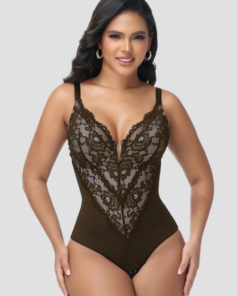 Shapshe® Sexy Plunge Lace Shapewear Bodysuit With Hook Crotch - By Qivii