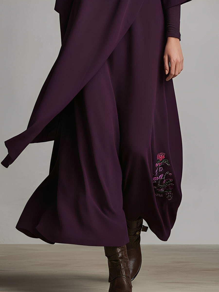 Women's Plum Draped Cotton-Blend Jersey Elegant Turtleneck Embroidered Maxi Dress MDA1202K8I