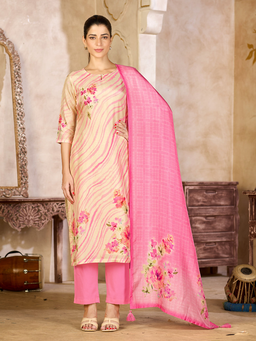 Beige Viscose Kurta Set with Contrast Floral and Stripe Printed Work, Paired with Cambric Cotton Bottom and a Matching Viscose Dupatta