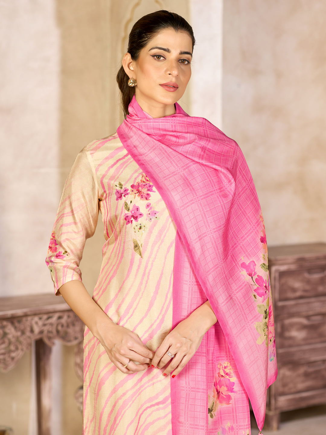 Beige Viscose Kurta Set with Contrast Floral and Stripe Printed Work, Paired with Cambric Cotton Bottom and a Matching Viscose Dupatta