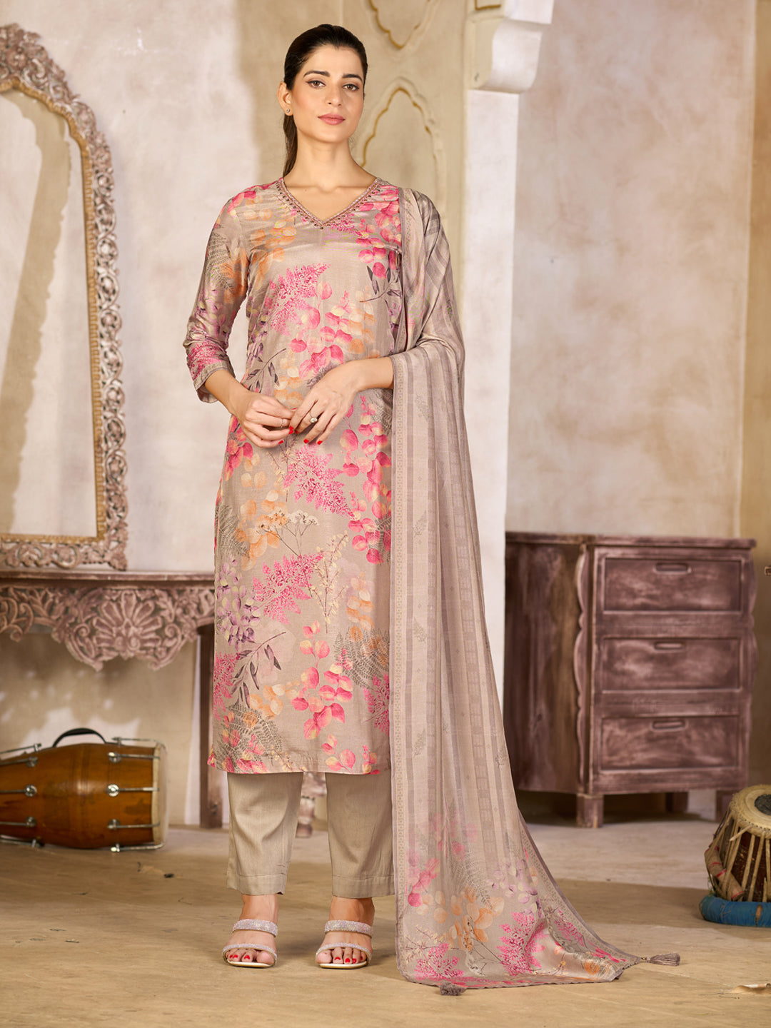 Beige Viscose Kurta Set with Pink Floral Print, Paired with Solid Bottom and Striped Printed Dupatta