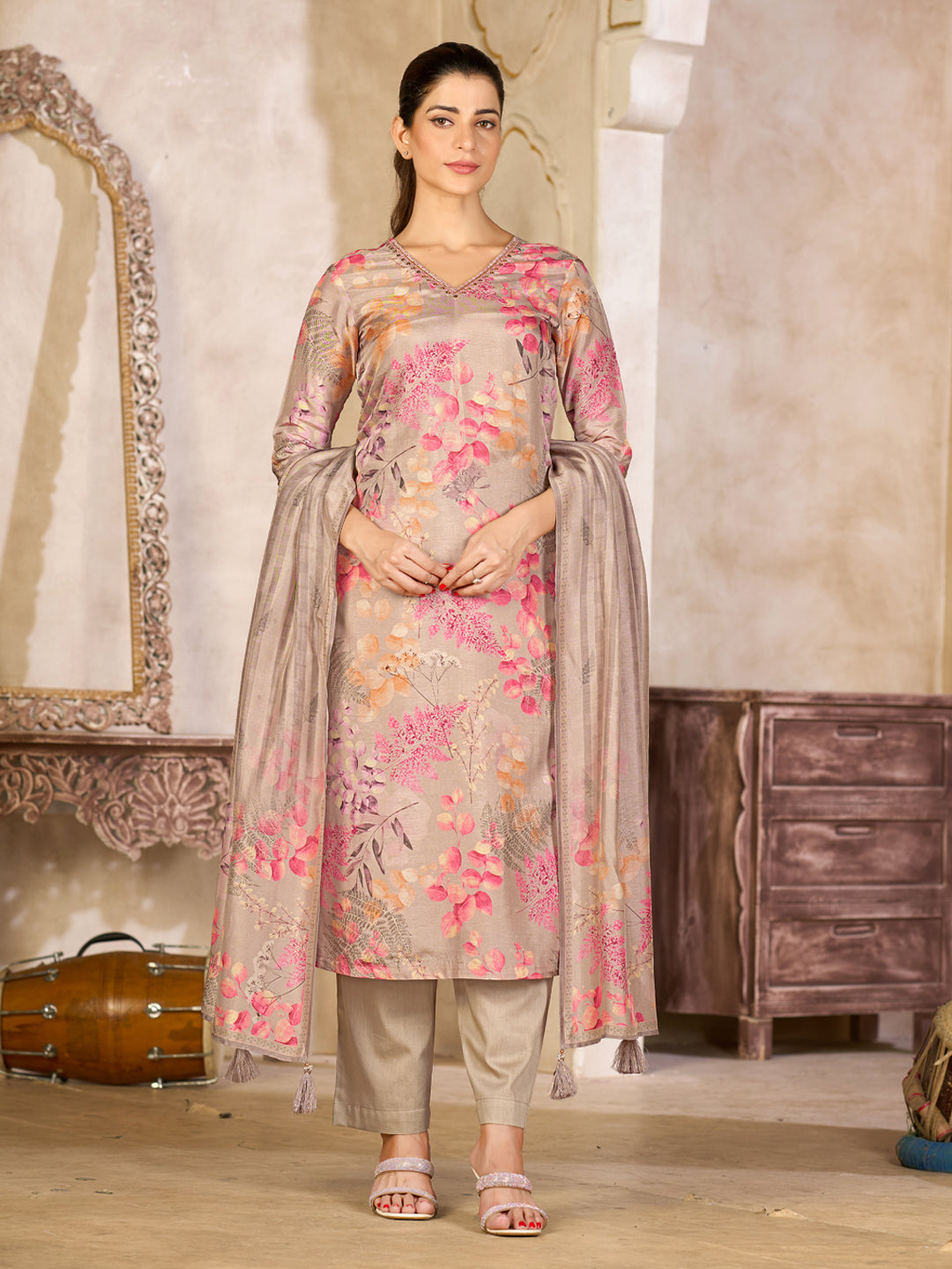 Beige Viscose Kurta Set with Pink Floral Print, Paired with Solid Bottom and Striped Printed Dupatta