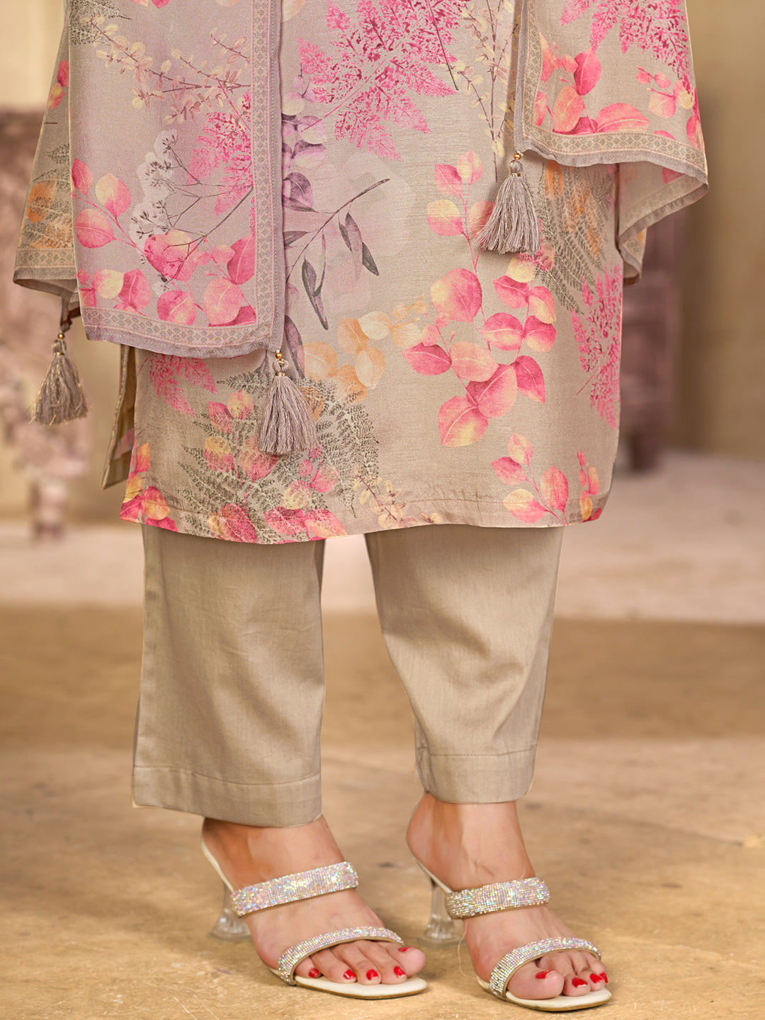 Beige Viscose Kurta Set with Pink Floral Print, Paired with Solid Bottom and Striped Printed Dupatta