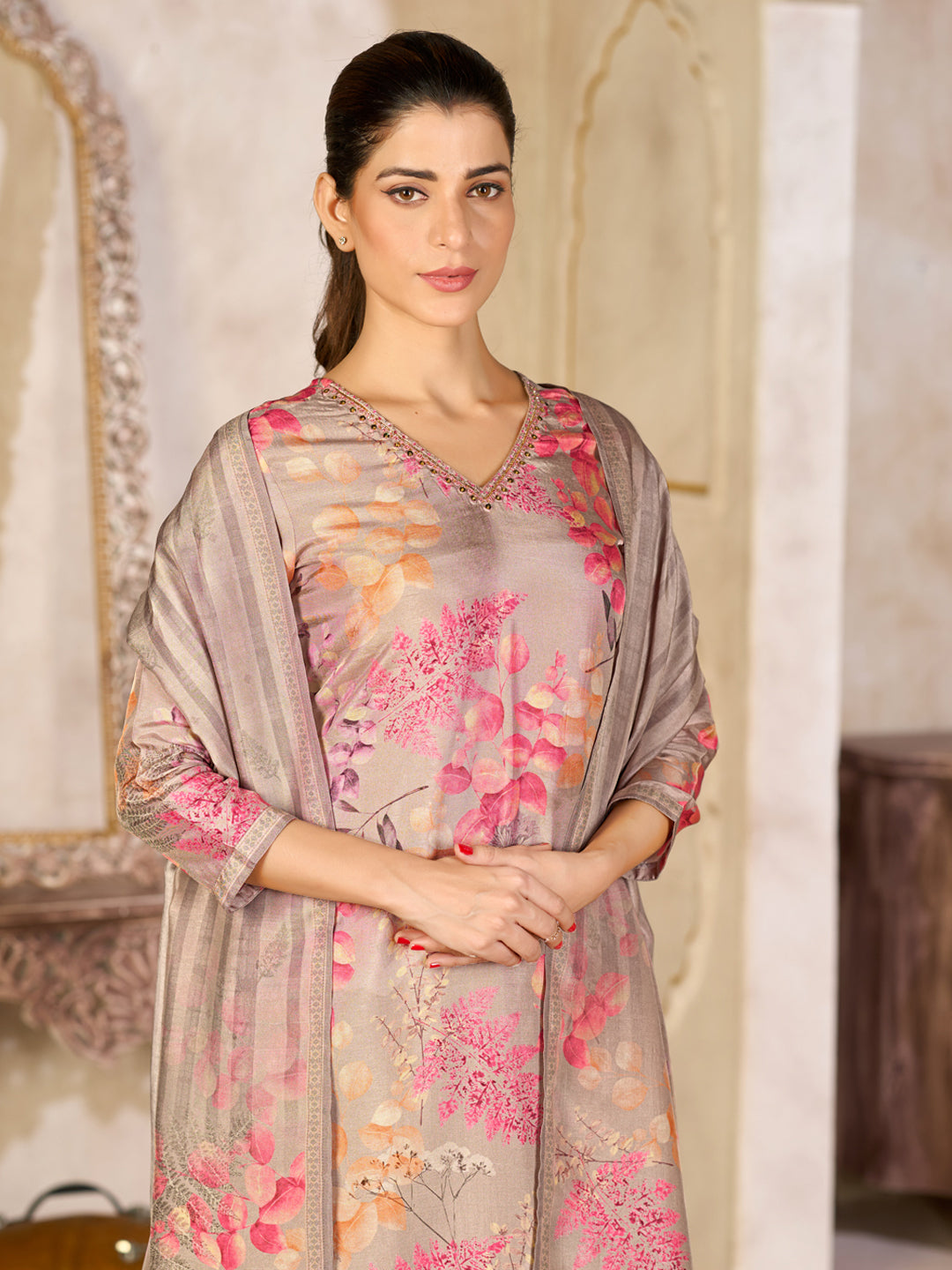 Beige Viscose Kurta Set with Pink Floral Print, Paired with Solid Bottom and Striped Printed Dupatta